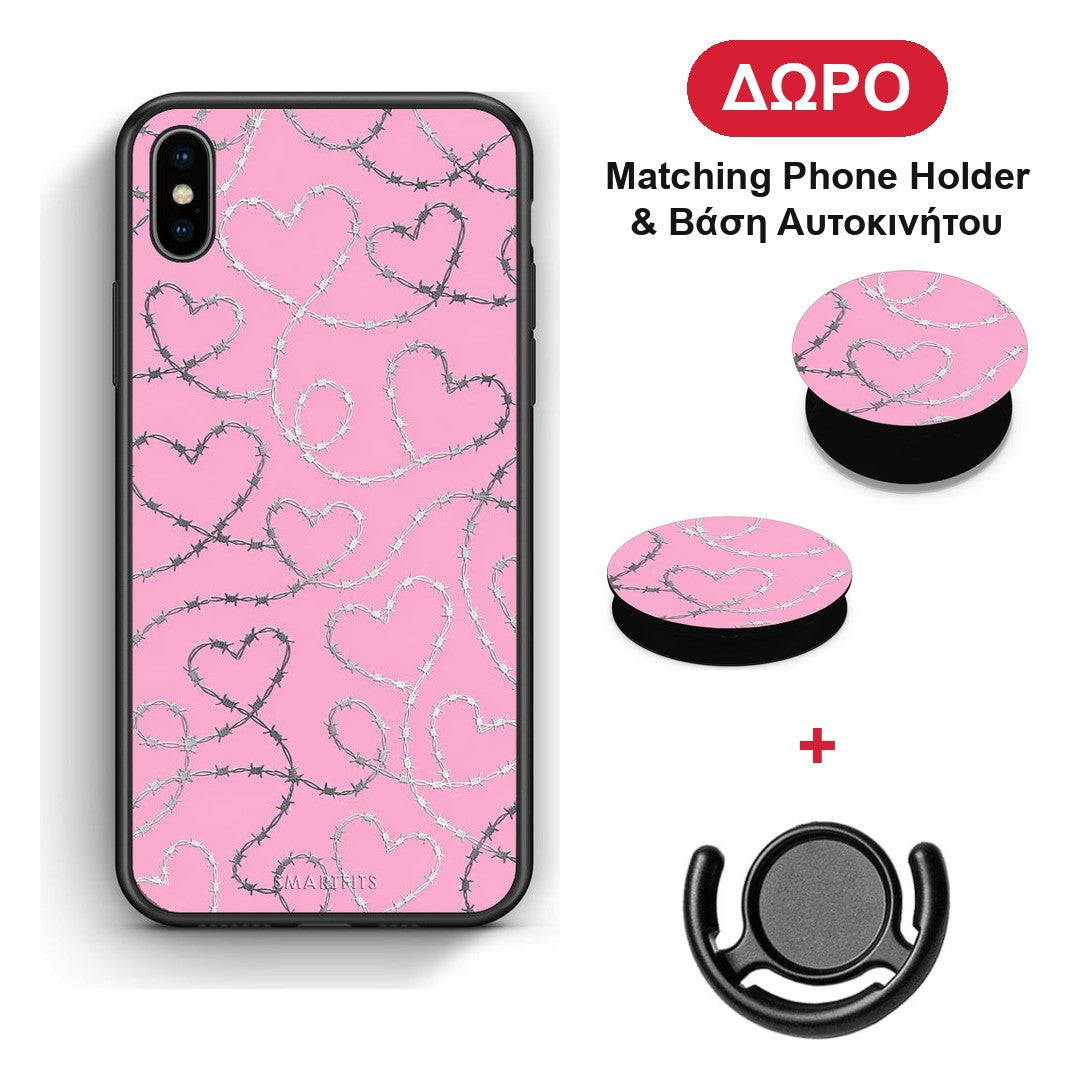 Barbed Wire Hearts on Pink - iPhone Xs Max θήκη + Δώρο Phone Holder & Βάση Αυτοκινήτου