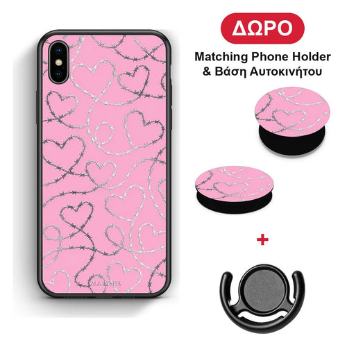 Barbed Wire Hearts on Pink - iPhone Xs Max θήκη + Δώρο Phone Holder & Βάση Αυτοκινήτου