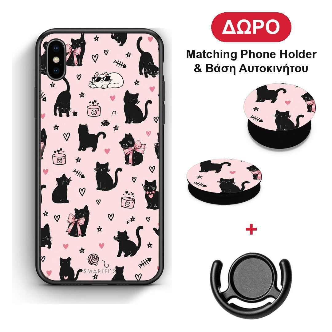 Black Cat Doodles on Pink - iPhone Xs Max θήκη + Δώρο Phone Holder & Βάση Αυτοκινήτου