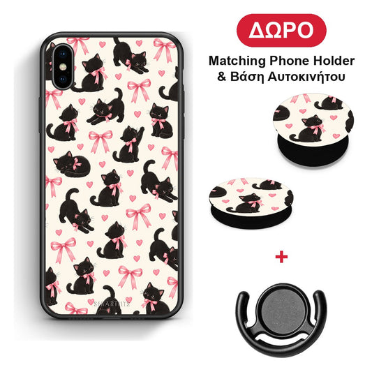 Black Kittens and Pink Bows on Cream Small - iPhone Xs Max θήκη + Δώρο Phone Holder & Βάση Αυτοκινήτου
