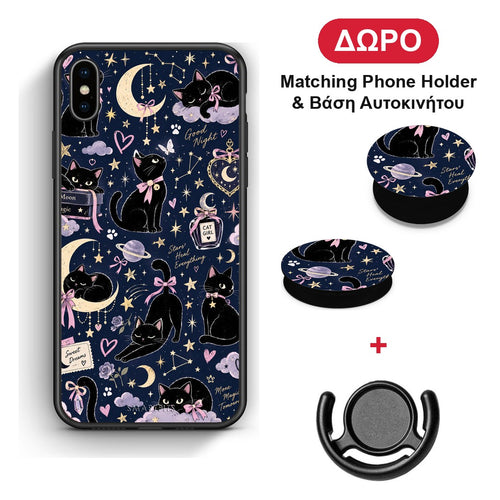 Celestial Black Cats on Navy - iPhone Xs Max θήκη + Δώρο Phone Holder & Βάση Αυτοκινήτου