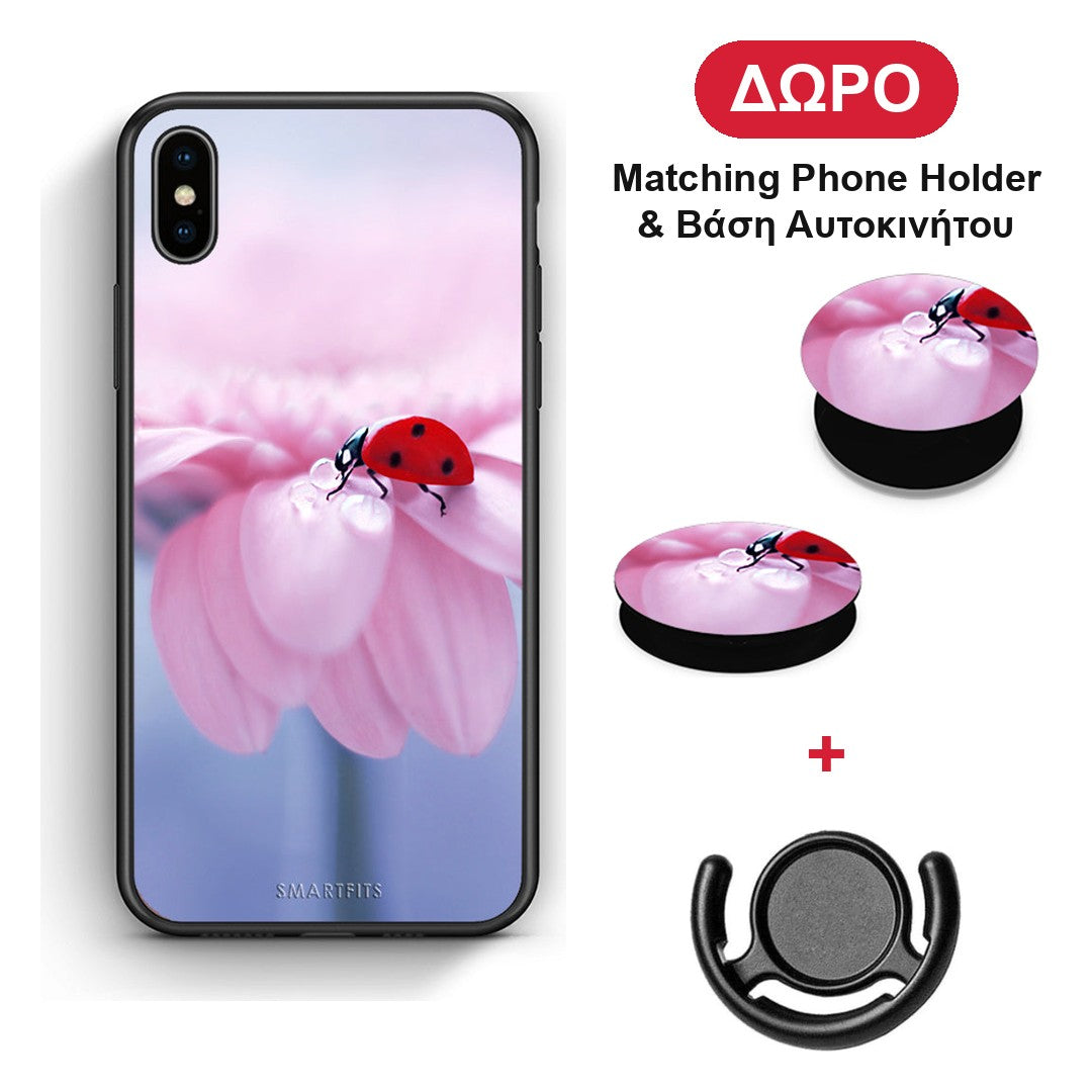 Ladybug Flower - iPhone Xs Max θήκη + Δώρο Phone Holder & Βάση Αυτοκινήτου