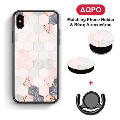 Marble Hexagon Pink - iPhone Xs Max θήκη + Δώρο Phone Holder & Βάση Αυτοκινήτου