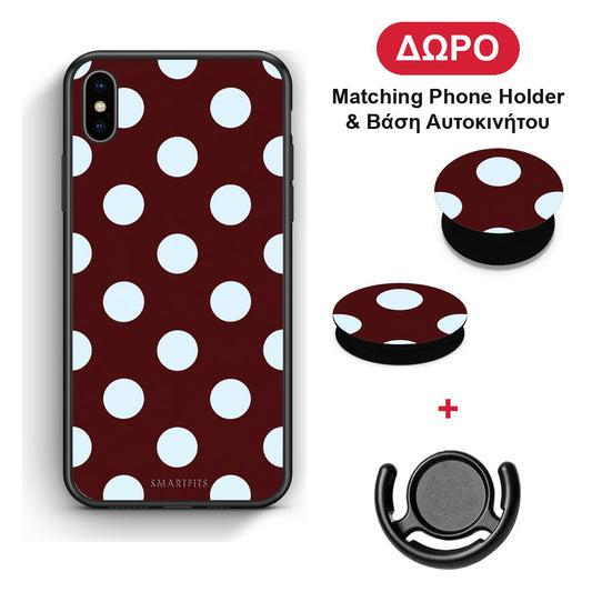 Pale Blue Large Polka Dots on Burgundy - iPhone Xs Max θήκη + Δώρο Phone Holder & Βάση Αυτοκινήτου