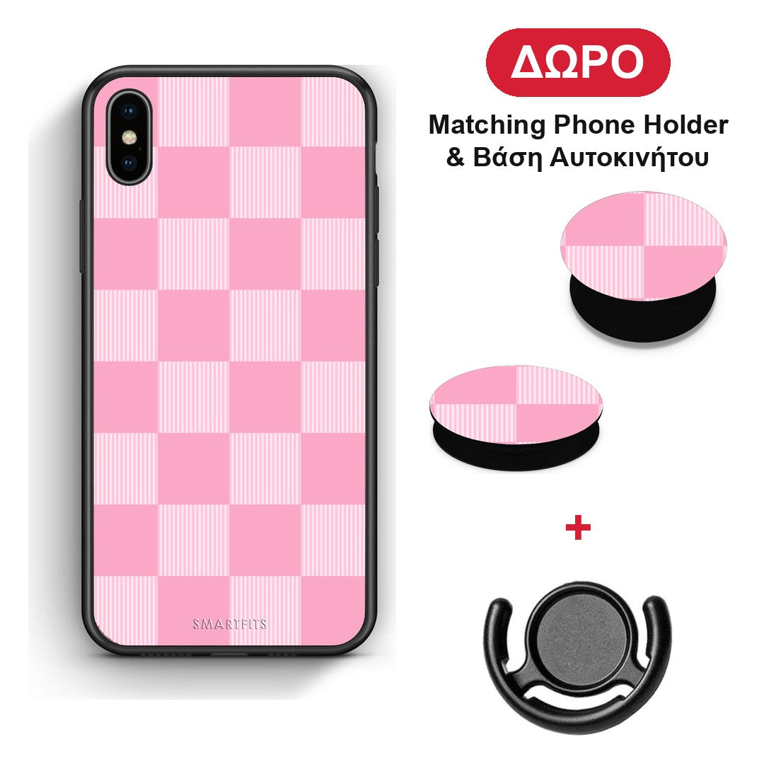 Pink and White Striped Checks - iPhone Xs Max θήκη + Δώρο Phone Holder & Βάση Αυτοκινήτου