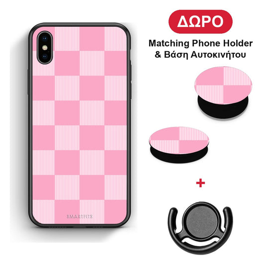 Pink and White Striped Checks - iPhone Xs Max θήκη + Δώρο Phone Holder & Βάση Αυτοκινήτου