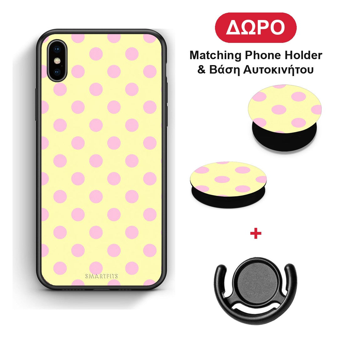 Pink Polka Dots on Yellow - iPhone Xs Max θήκη + Δώρο Phone Holder & Βάση Αυτοκινήτου