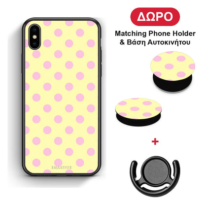 Pink Polka Dots on Yellow - iPhone Xs Max θήκη + Δώρο Phone Holder & Βάση Αυτοκινήτου
