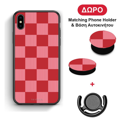 Red and Pink Striped Checks - iPhone Xs Max θήκη + Δώρο Phone Holder & Βάση Αυτοκινήτου