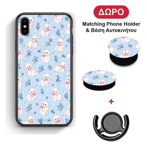 White Kittens and Blue Flowers Small - iPhone Xs Max θήκη + Δώρο Phone Holder & Βάση Αυτοκινήτου
