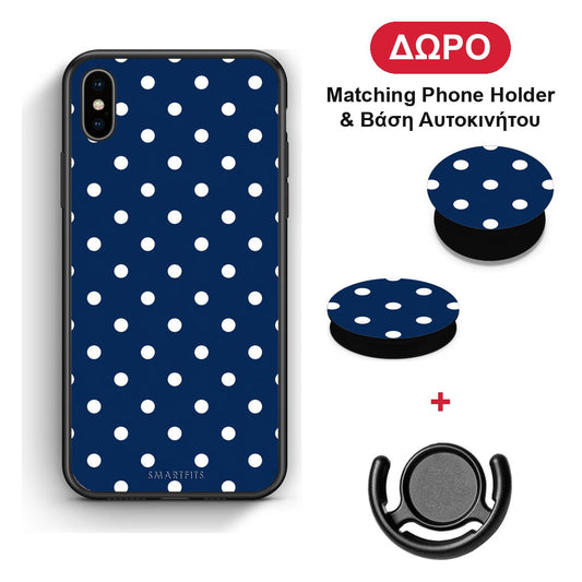 White Small Polka Dots on Navy - iPhone Xs Max θήκη + Δώρο Phone Holder & Βάση Αυτοκινήτου