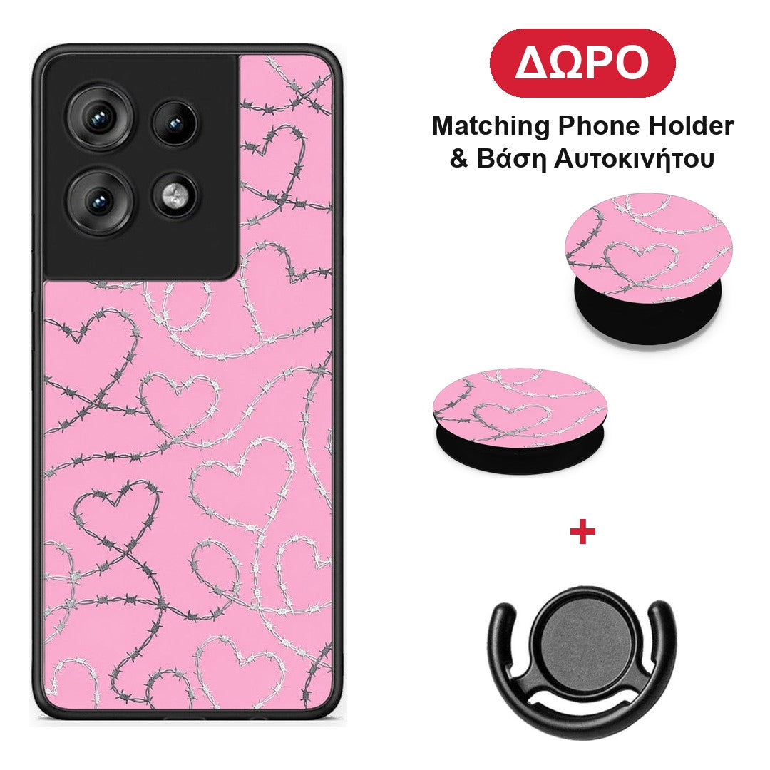 Barbed Wire Hearts on Pink - Motorola Edge 50 θήκη + Δώρο Phone Holder & Βάση Αυτοκινήτου