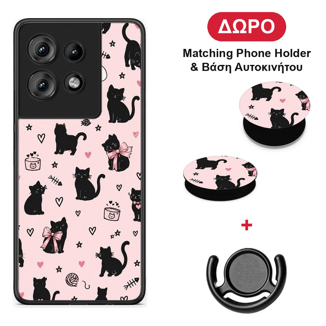 Black Cat Doodles on Pink - Motorola Edge 50 θήκη + Δώρο Phone Holder & Βάση Αυτοκινήτου