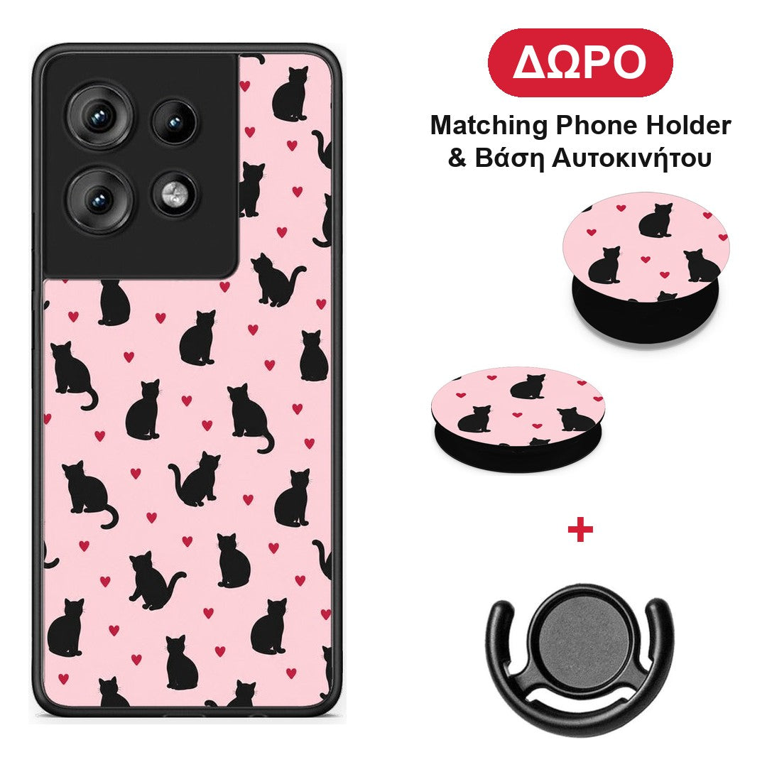 Black Cat Silhouettes and Hearts on Pink - Motorola Edge 50 θήκη + Δώρο Phone Holder & Βάση Αυτοκινήτου