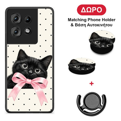Black Kitten Pink Bow and Polka Dots - Motorola Edge 50 θήκη + Δώρο Phone Holder & Βάση Αυτοκινήτου