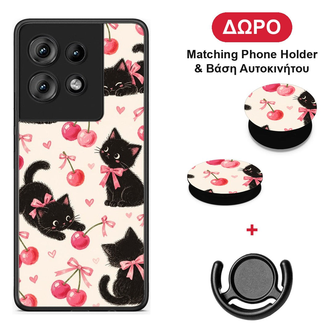 Black Kittens and Cherries on Cream - Motorola Edge 50 θήκη + Δώρο Phone Holder & Βάση Αυτοκινήτου