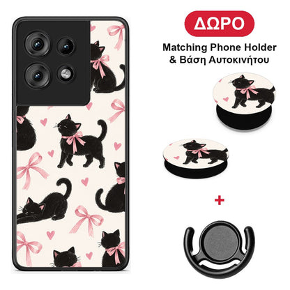 Black Kittens and Pink Bows on Cream Large - Motorola Edge 50 θήκη + Δώρο Phone Holder & Βάση Αυτοκινήτου