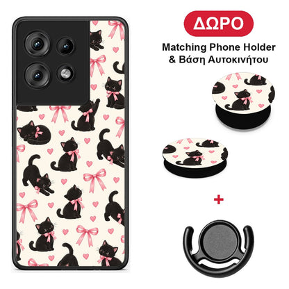 Black Kittens and Pink Bows on Cream Small - Motorola Edge 50 θήκη + Δώρο Phone Holder & Βάση Αυτοκινήτου