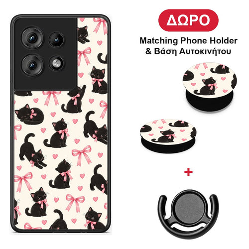 Black Kittens and Pink Bows on Cream Small - Motorola Edge 50 θήκη + Δώρο Phone Holder & Βάση Αυτοκινήτου