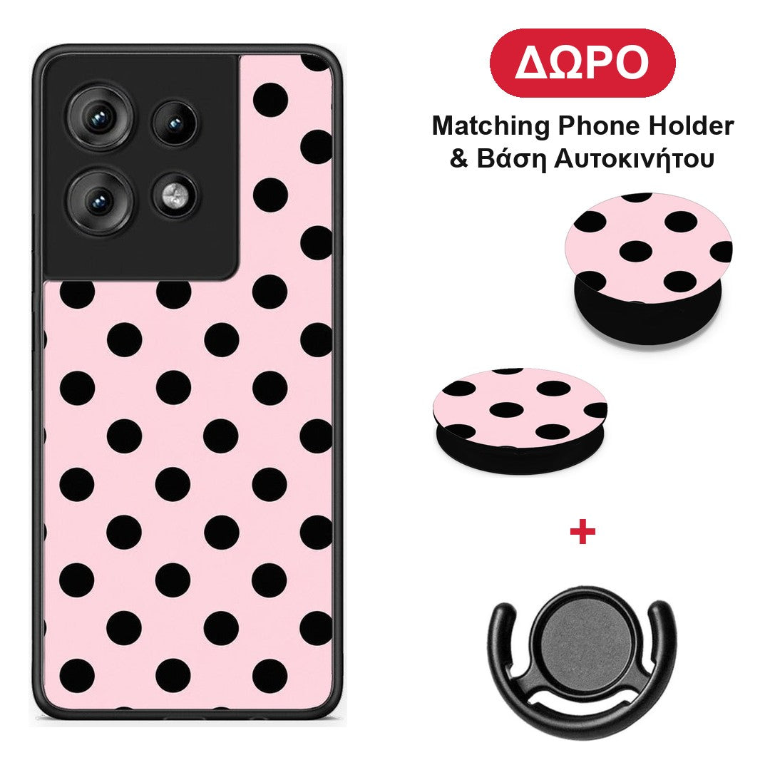 Black Polka Dots on Pink - Motorola Edge 50 θήκη + Δώρο Phone Holder & Βάση Αυτοκινήτου