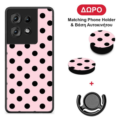 Black Polka Dots on Pink - Motorola Edge 50 θήκη + Δώρο Phone Holder & Βάση Αυτοκινήτου