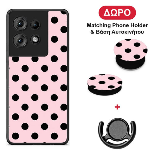 Black Polka Dots on Pink - Motorola Edge 50 θήκη + Δώρο Phone Holder & Βάση Αυτοκινήτου