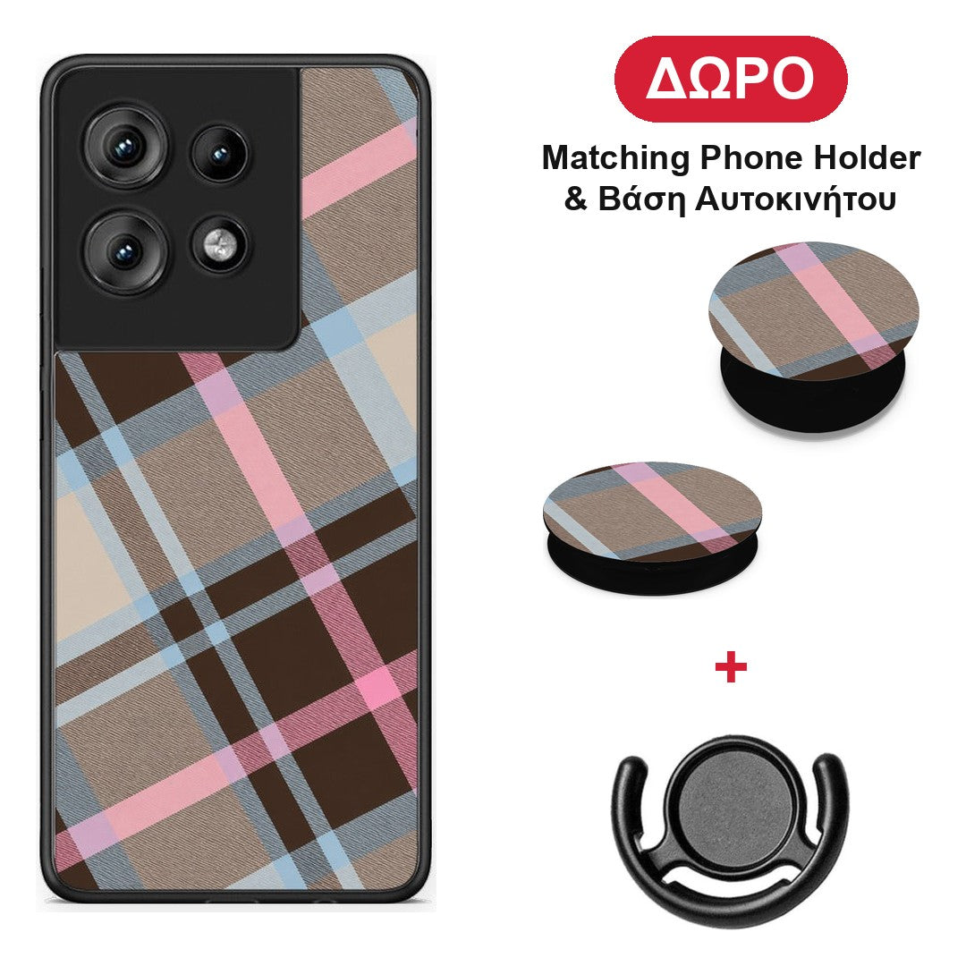 Brown Pink and Blue Diagonal Plaid - Motorola Edge 50 θήκη + Δώρο Phone Holder & Βάση Αυτοκινήτου