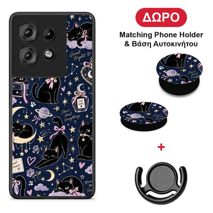 Celestial Black Cats on Navy - Motorola Edge 50 θήκη + Δώρο Phone Holder & Βάση Αυτοκινήτου