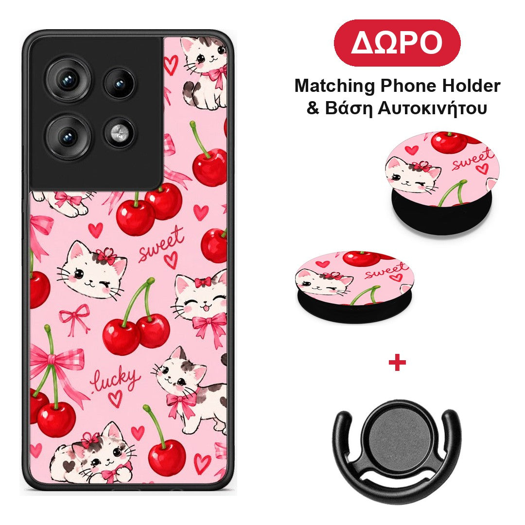 Cherries Bows and Kittens on Pink - Motorola Edge 50 θήκη + Δώρο Phone Holder & Βάση Αυτοκινήτου