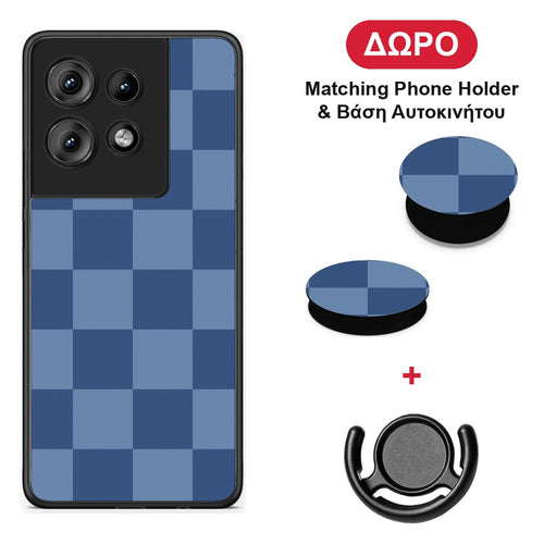 Denim Blue Checkerboard - Motorola Edge 50 θήκη + Δώρο Phone Holder & Βάση Αυτοκινήτου