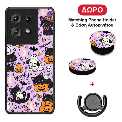 Halloween Black Cats on Lilac - Motorola Edge 50 θήκη + Δώρο Phone Holder & Βάση Αυτοκινήτου