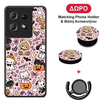 Halloween Cute Animals on Pink - Motorola Edge 50 θήκη + Δώρο Phone Holder & Βάση Αυτοκινήτου