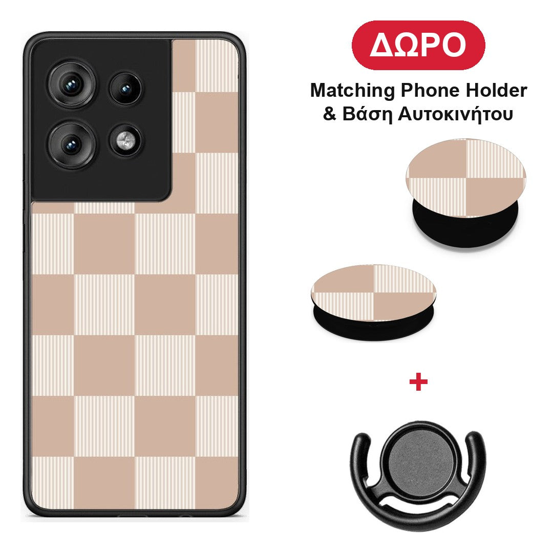 Latte and Cream Striped Checks - Motorola Edge 50 θήκη + Δώρο Phone Holder & Βάση Αυτοκινήτου