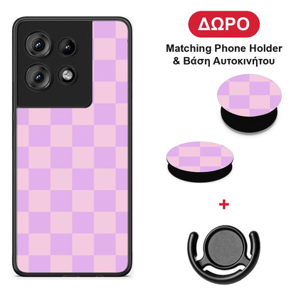 Lavender and Pink Checkerboard - Motorola Edge 50 θήκη + Δώρο Phone Holder & Βάση Αυτοκινήτου