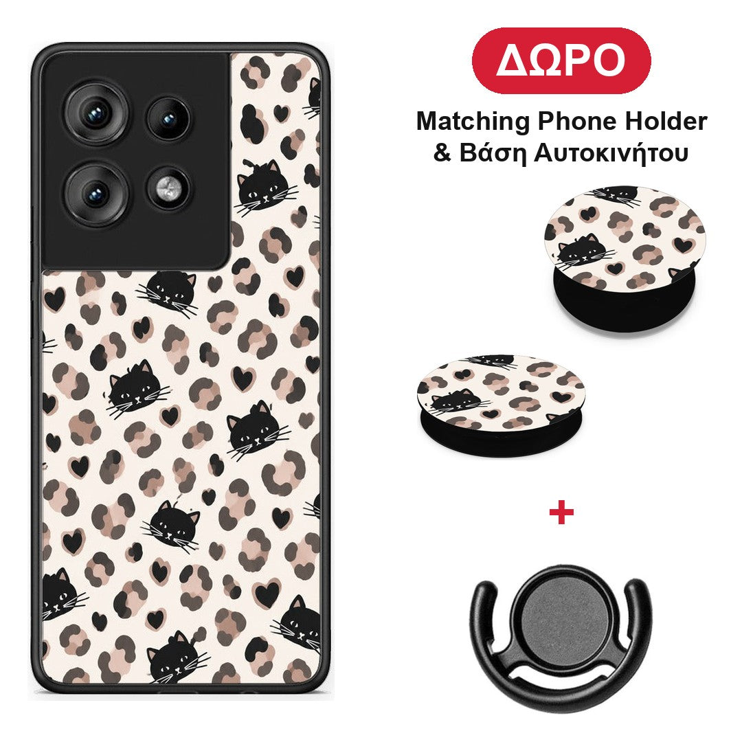 Leopard Spots and Black Cats on Cream - Motorola Edge 50 θήκη + Δώρο Phone Holder & Βάση Αυτοκινήτου