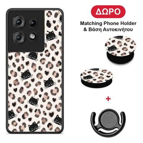 Leopard Spots and Black Cats on Cream - Motorola Edge 50 θήκη + Δώρο Phone Holder & Βάση Αυτοκινήτου