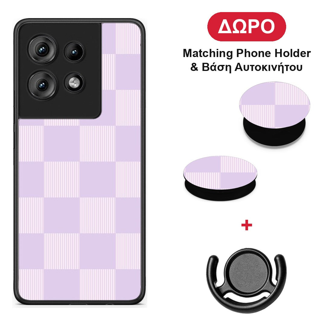 Lilac and Cream Striped Checks - Motorola Edge 50 θήκη + Δώρο Phone Holder & Βάση Αυτοκινήτου