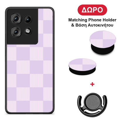 Lilac and Cream Striped Checks - Motorola Edge 50 θήκη + Δώρο Phone Holder & Βάση Αυτοκινήτου