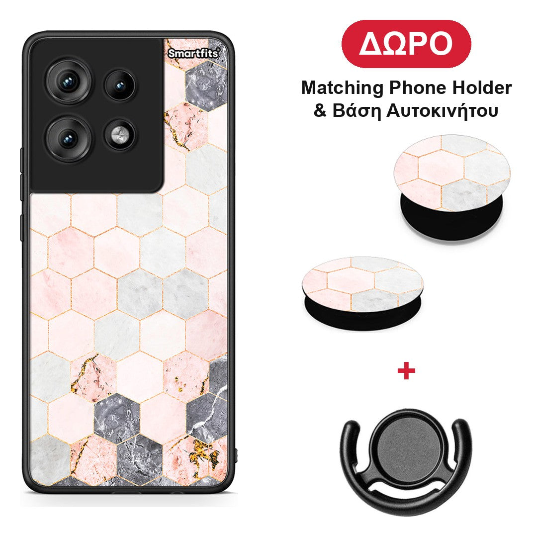 Marble Hexagon Pink - Motorola Edge 50 θήκη + Δώρο Phone Holder & Βάση Αυτοκινήτου