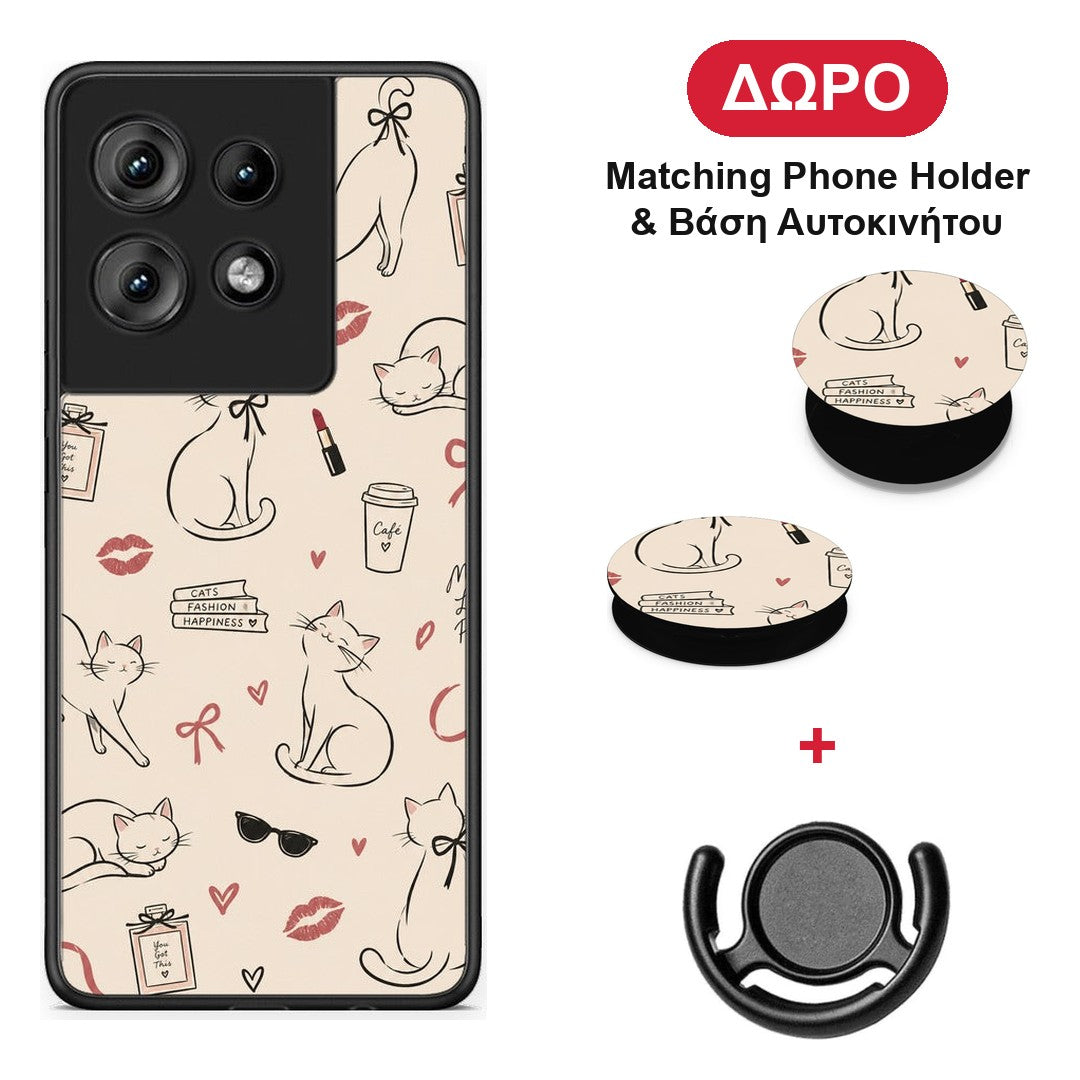 Minimal Cat and Fashion Doodles on Cream - Motorola Edge 50 θήκη + Δώρο Phone Holder & Βάση Αυτοκινήτου