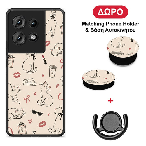 Minimal Cat and Fashion Doodles on Cream - Motorola Edge 50 θήκη + Δώρο Phone Holder & Βάση Αυτοκινήτου
