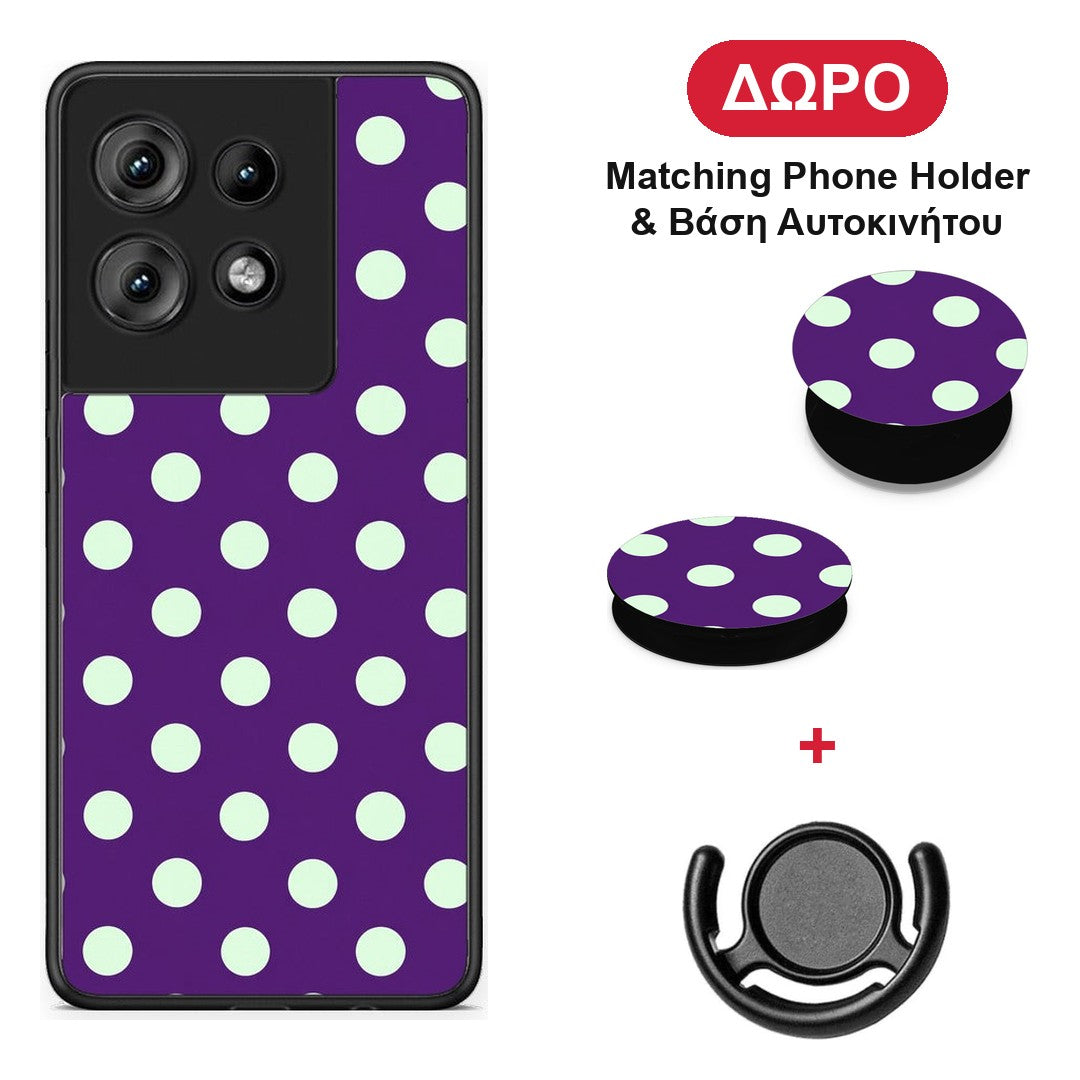 Mint Polka Dots on Purple - Motorola Edge 50 θήκη + Δώρο Phone Holder & Βάση Αυτοκινήτου