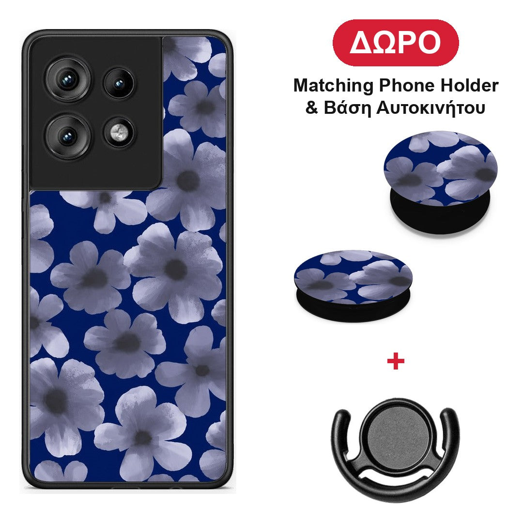 Pale Blue Flowers on Navy - Motorola Edge 50 θήκη + Δώρο Phone Holder & Βάση Αυτοκινήτου