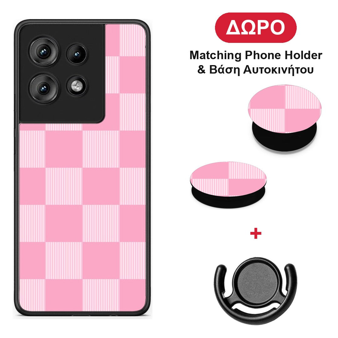 Pink and White Striped Checks - Motorola Edge 50 θήκη + Δώρο Phone Holder & Βάση Αυτοκινήτου