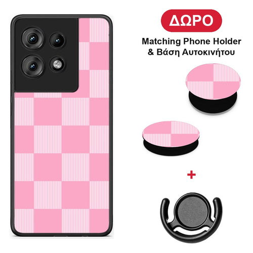 Pink and White Striped Checks - Motorola Edge 50 θήκη + Δώρο Phone Holder & Βάση Αυτοκινήτου