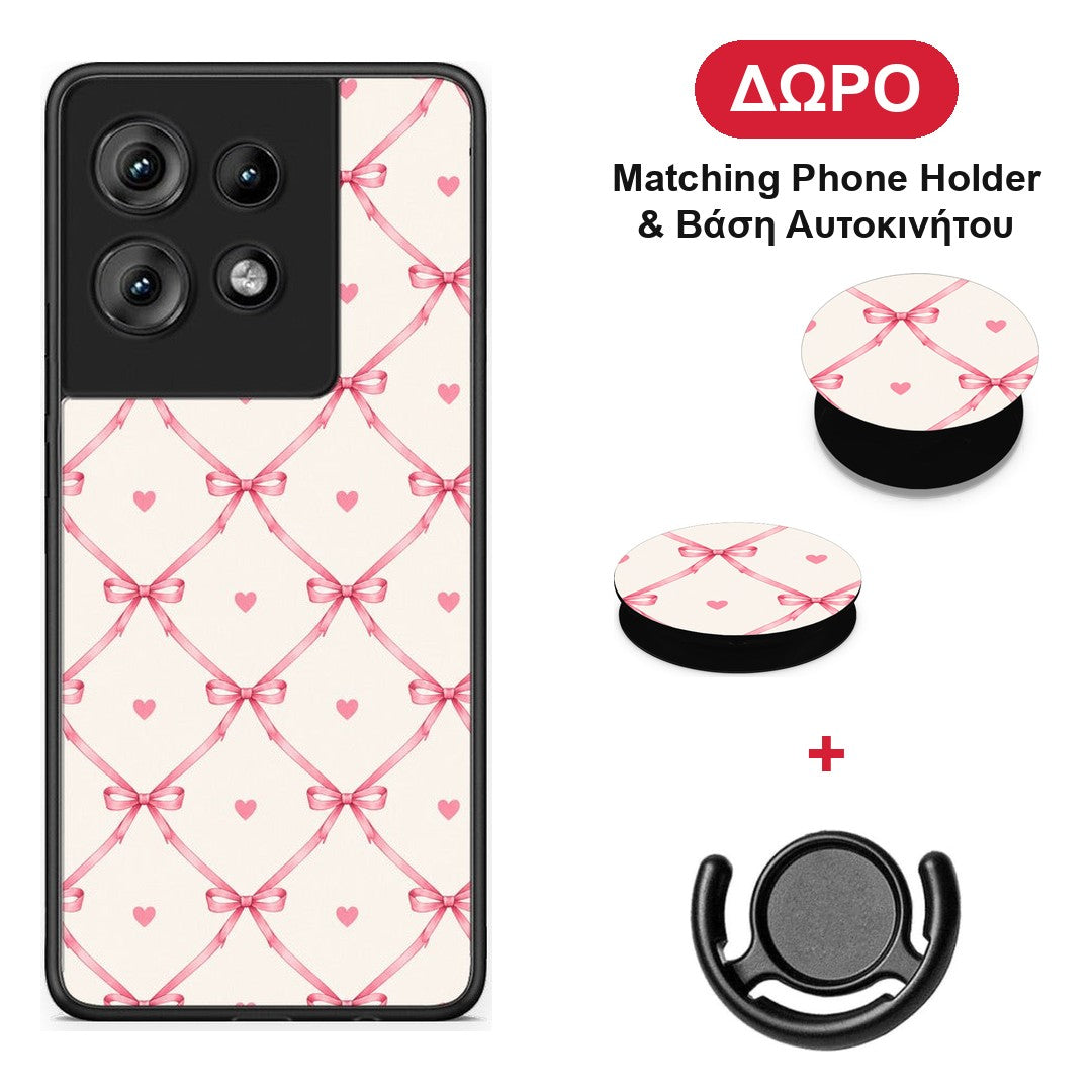 Pink Bow Lattice and Hearts on Cream - Motorola Edge 50 θήκη + Δώρο Phone Holder & Βάση Αυτοκινήτου