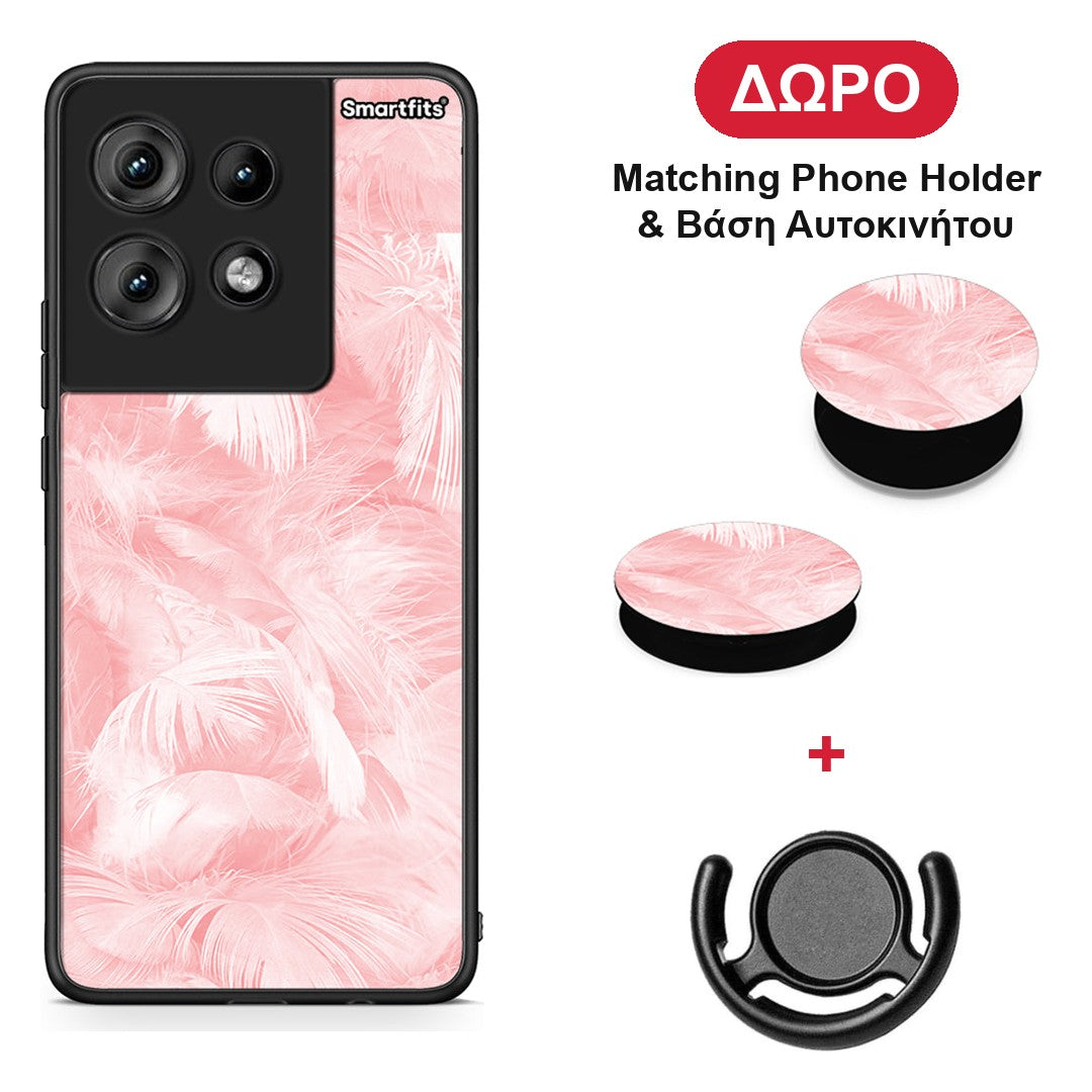 Boho Pink Feather - Motorola Edge 50 θήκη + Δώρο Phone Holder & Βάση Αυτοκινήτου