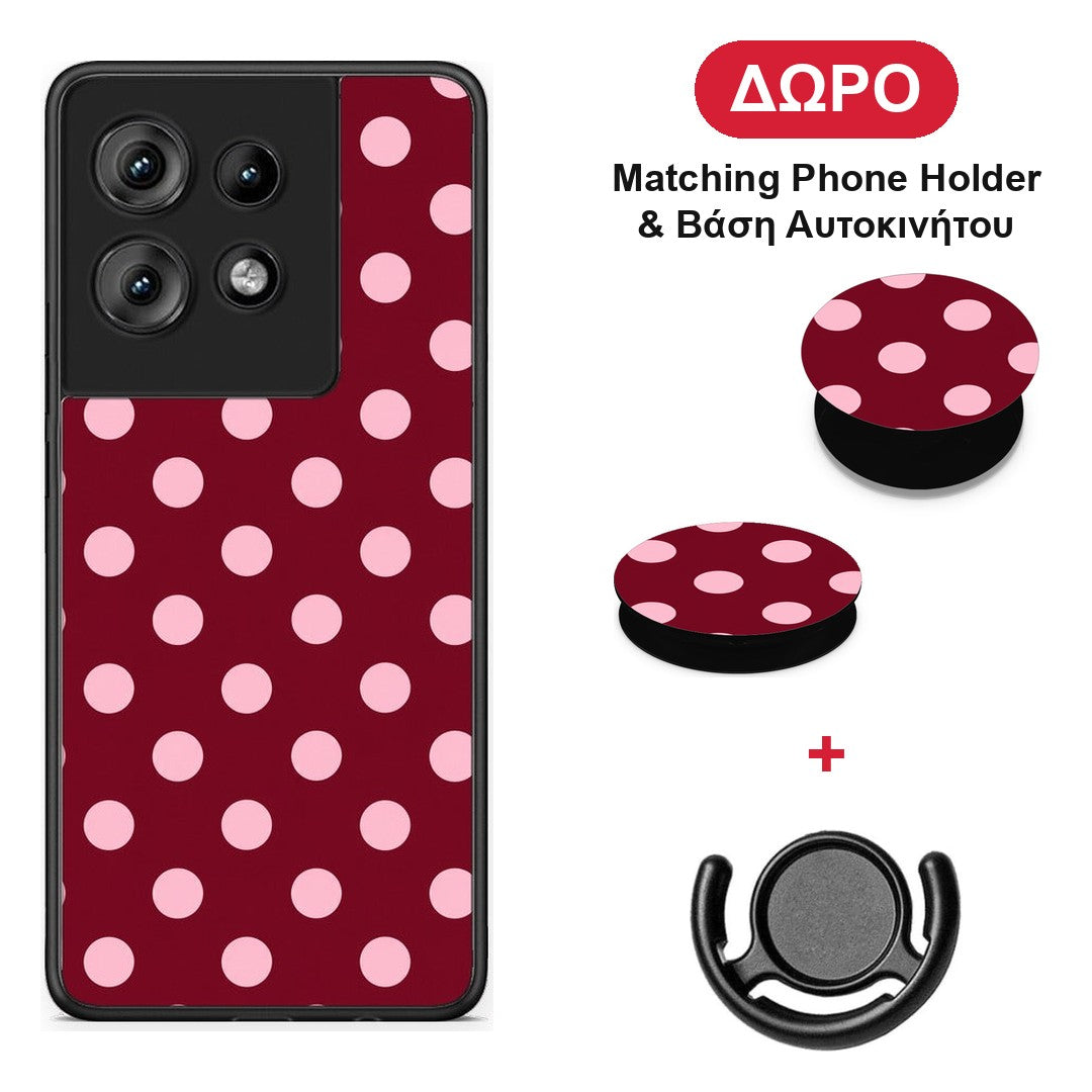 Pink Polka Dots on Burgundy - Motorola Edge 50 θήκη + Δώρο Phone Holder & Βάση Αυτοκινήτου