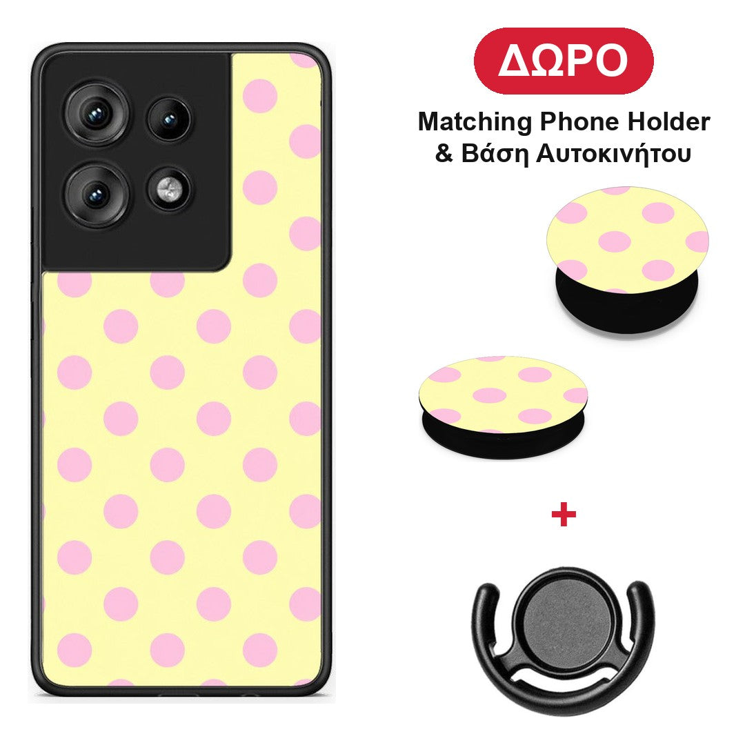 Pink Polka Dots on Yellow - Motorola Edge 50 θήκη + Δώρο Phone Holder & Βάση Αυτοκινήτου