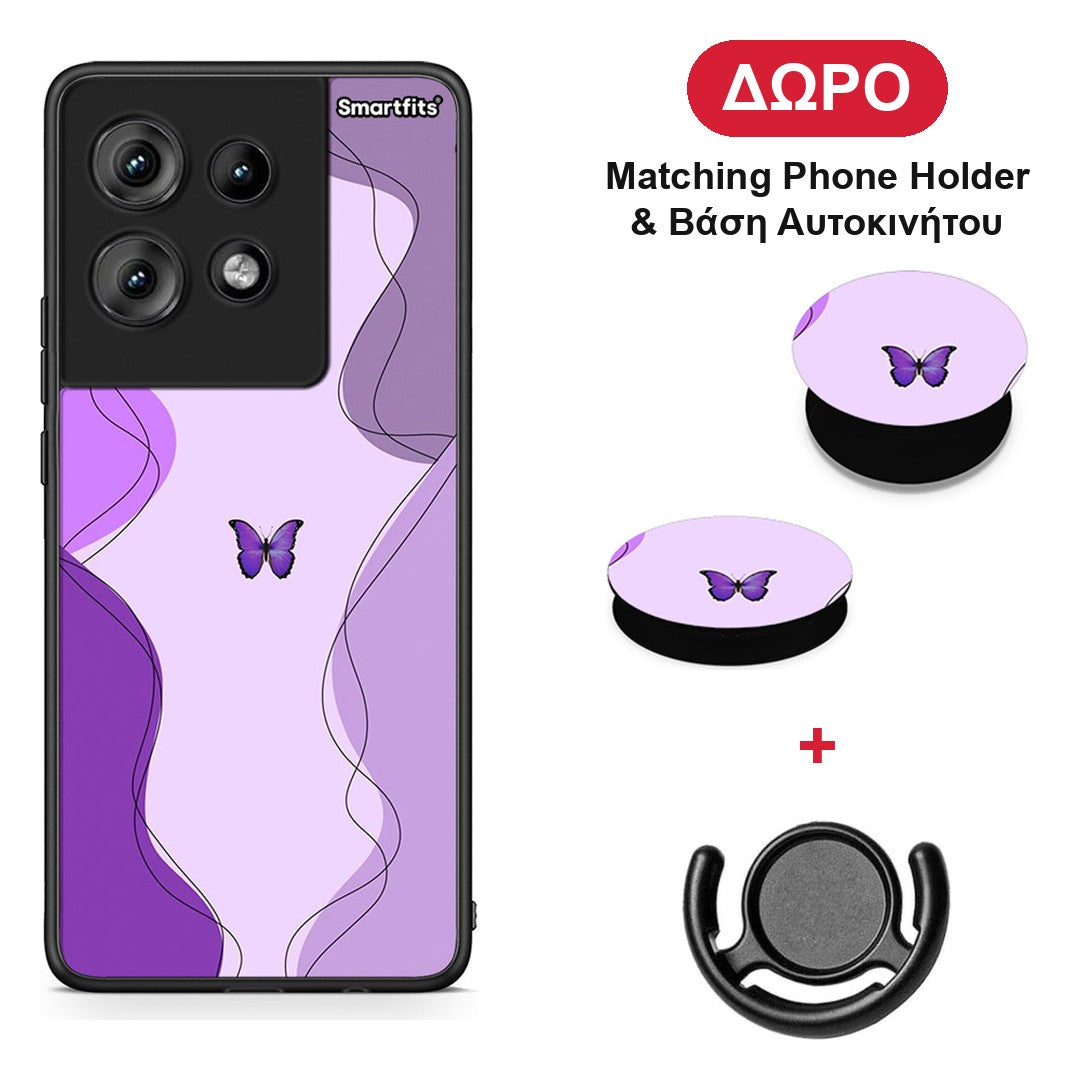 Purple Mariposa - Motorola Edge 50 θήκη + Δώρο Phone Holder & Βάση Αυτοκινήτου